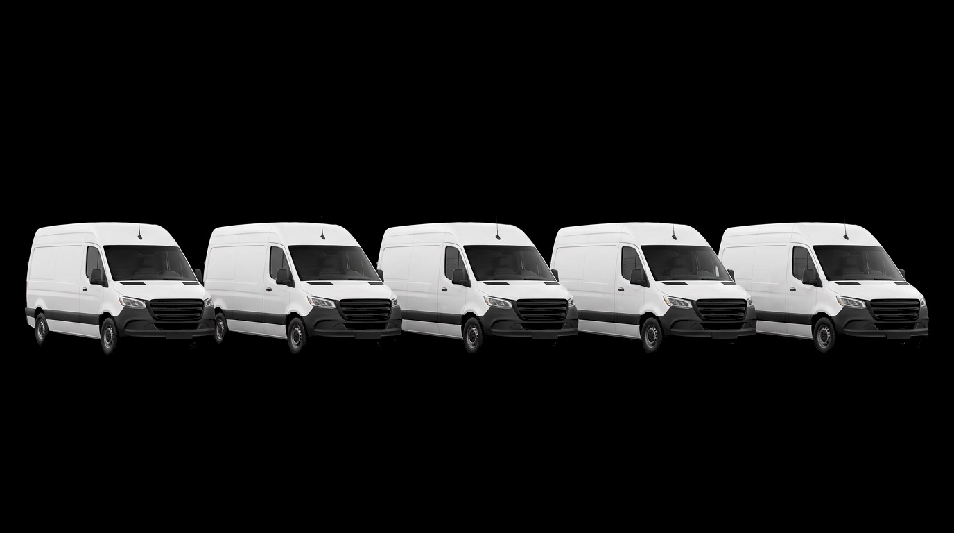 Five white cargo vans parked in a row